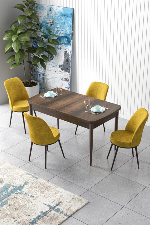 Zen Serisi 80x132 Mdf Açılabilir Barok Ahşap Desen Masa Takımı Ve 4 Hardal Sandalye