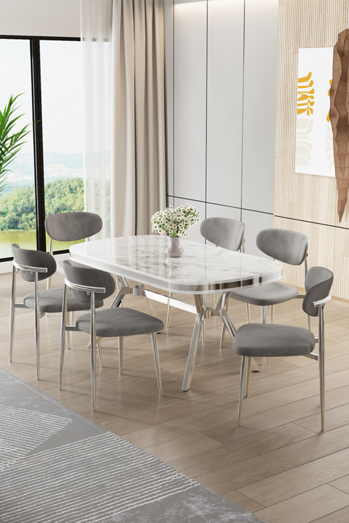 Concept Olya Serisi 90X168 Lak Panel Beyaz Mermer Desen Masa Takımı Krom Ayaklı 6 Gri Sandalye
