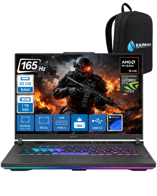 Rog Strix G16 G614PH Amd Ryzen 9 8940HX Aı 32 GB RAM 1 TB SSD 8GB/RTX5050 Gddr7 115W 16" Wuxga 165Hz 300Nits WİN11Pro Ga