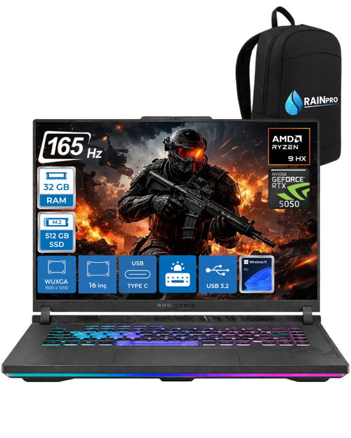 Rog Strix G16 G614PH Amd Ryzen 9 8940HX Aı 32 GB RAM 512 GB SSD 8GB/RTX5050 Gddr7 115W 16" Wuxga 165Hz 300Nits WİN11Pro
