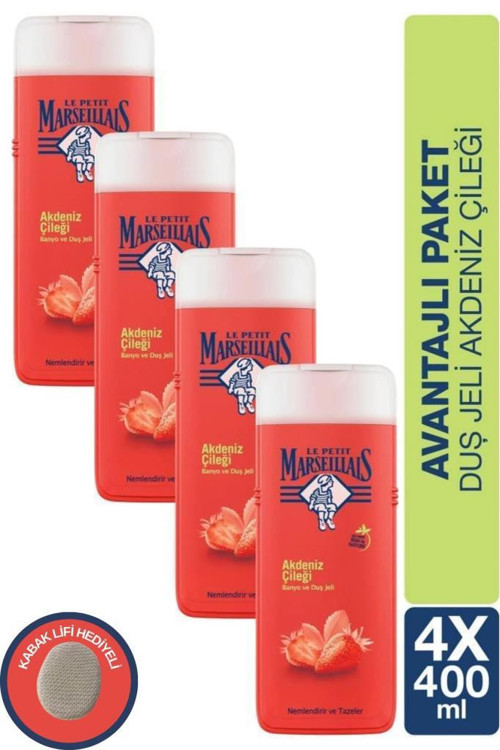 Akdeniz Çileği Nemlendirici Banyo ve Duş Jeli 400ml x 4 Adet ve Kabak lifi hediye
