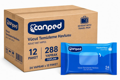 Yetişkin Vücut Temizleme Islak Mendil Havlu 24 Yaprak Seyahat Boy 12 Li Set (288 Yaprak)