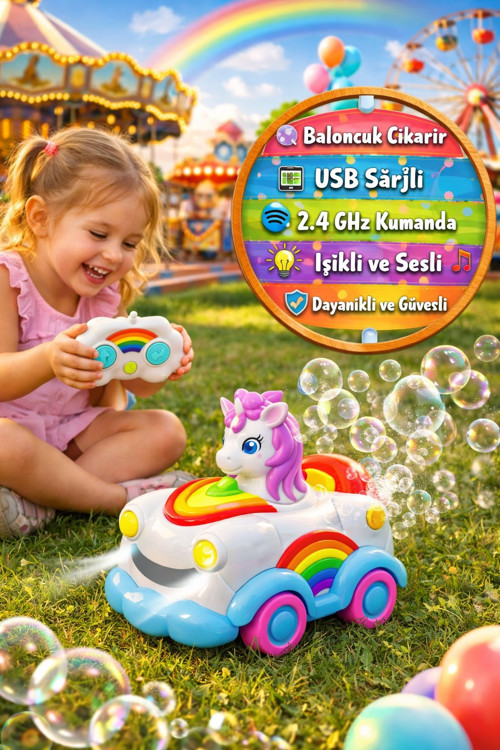 Unicorn Bubble Car Baloncuk Çıkartan Uzaktan Kumandalı Araba 2.4GHz USB Şarjlı Işıklı 3.7V 4+ Yaş