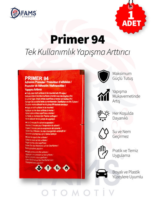 Primer 94 Çift Taraflı Bant için Yapışma Arttırıcı/Kuvvetlendirici Mendil (1 Adet)
