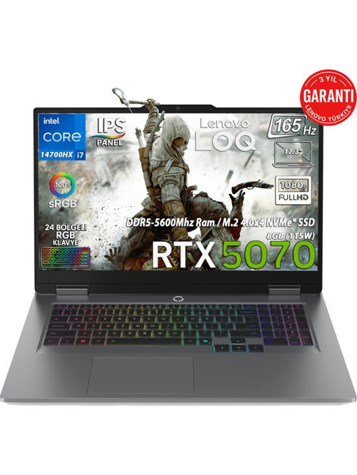 LOQ 17IRX10 Intel Core I7-14700HX 12-GBDDR5 4 TBSSD GeforceRTX 5070 8GB (115W) 17.3" FHD IPS Panel 165Hz FreeDos 83JH00BCTRAT13