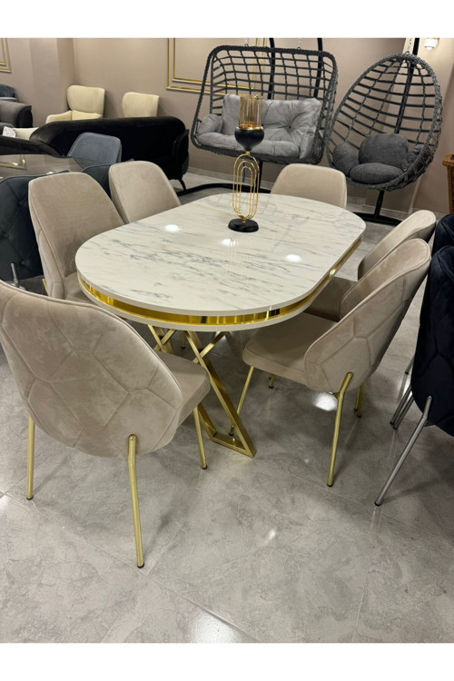 Mutfak Masa Sandalye Takımı Mermer Görünümlü 90x170 Oval 6 Kişilik Lüx Mutfak Masası Takımı
