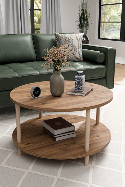 Modern Yuvarlak Orta Sehpa 60 CM 2 Raflı Ahşap Ayaklı Çok Amaçlı Organizer Sehpa