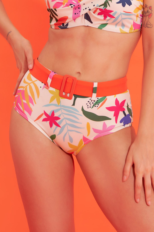Renkli Egzotik Desen Kemerli Tek Alt Bikini