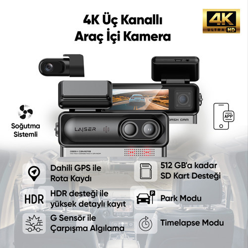 Alpha 1 4K Araç İçi Kamera 3 Kanallı | Sony IMX678 | GPS + Wi-Fi + Park Modu | Ön-İç-Arka