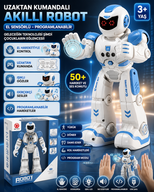 Uzaktan Kumandalı Akıllı Robot El Sensörlü Programlanabilir Işıklı Sesli Robot Oyuncak