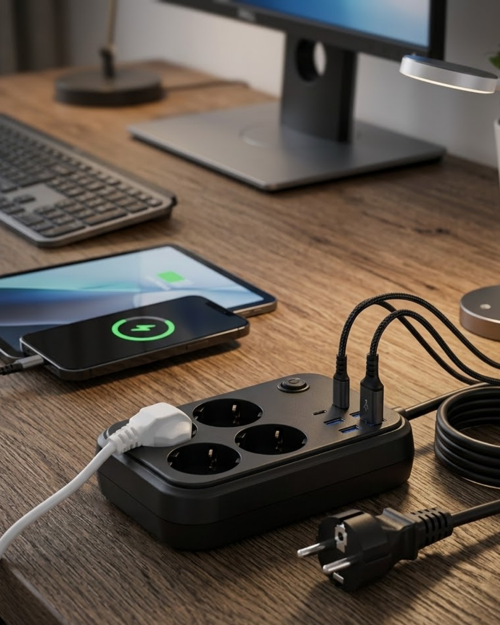 popüler Termal Korumalı Uzatma Kablosu 4 Priz USB ve Type C Çoklu Şarj İstasyonu 2026