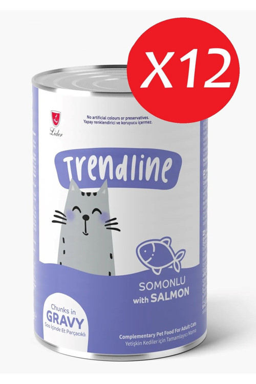 Trendlıne Konserve Sos İçinde Et Parçacıklı Somonlu Yetişkin Kedi Maması 400 G*12 Adet