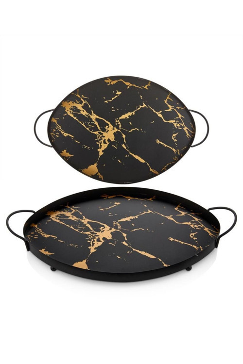 Oval 2'Li Mermer Desen Ahşap Baskılı Siyah Tepsi 36 Cm / 41 Cm