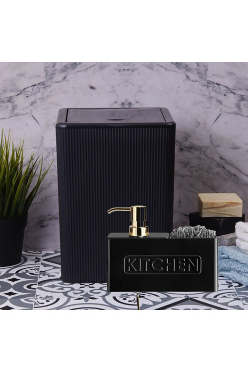 Kare Çöp Kovası & Kitchen Sabunluk Siyah Mutfak Seti