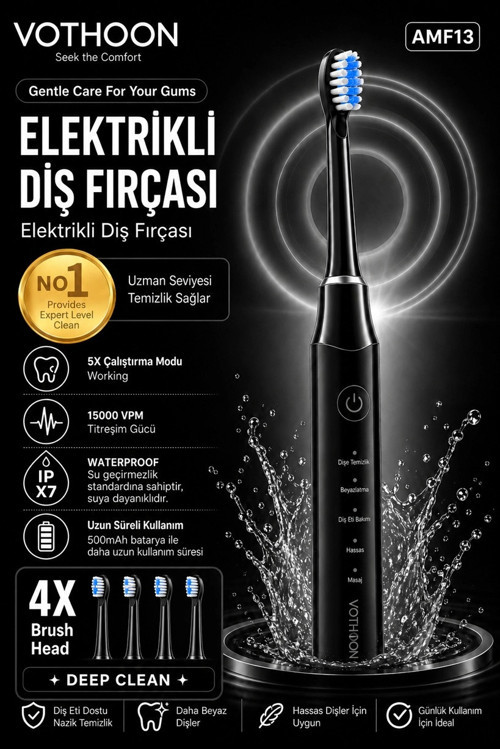 Şarjlı Diş Fırçası 15000 VPM Titreşim Gücü, 500mAh Batarya, 5 Temizlik Modu Siyah