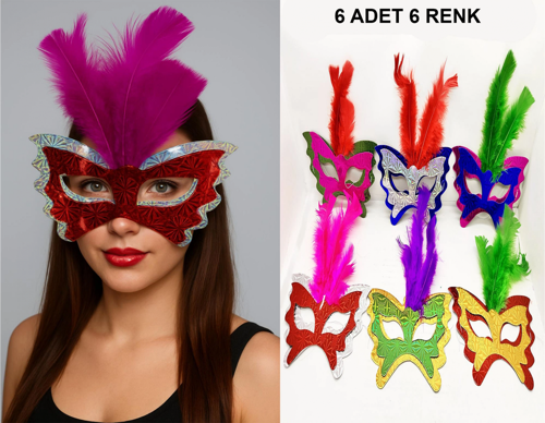 İthalat® Renkli Parti Maskesi 6&Amp;#39;Lı | Tüylü Karton Maske Seti (Lastikli)