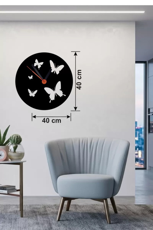 İthalat® Uçuşan Kelebekler Tasarım Ahşap Duvar Saati - 40X40 Cm Dekoratif