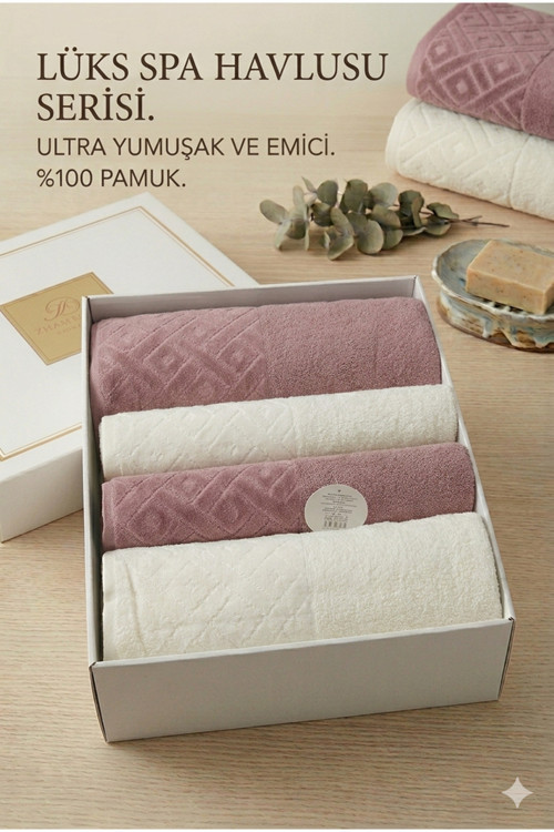 %100 Pamuk Lüks Spa Havlu Seti 4 Parça (2 Banyo + 2 Yüz) Ultra Yumuşak Emici