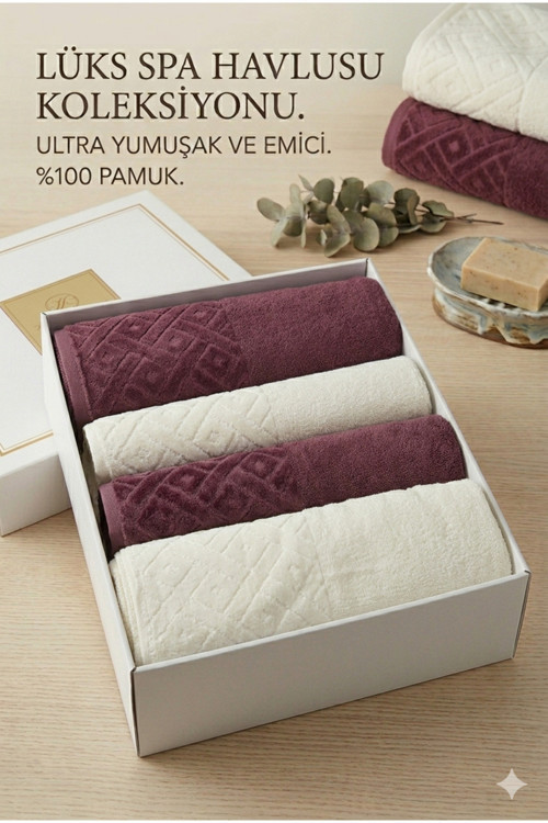 %100 Pamuk Lüks Spa Havlu Seti 4 Parça (2 Banyo + 2 Yüz) Ultra Yumuşak Emici