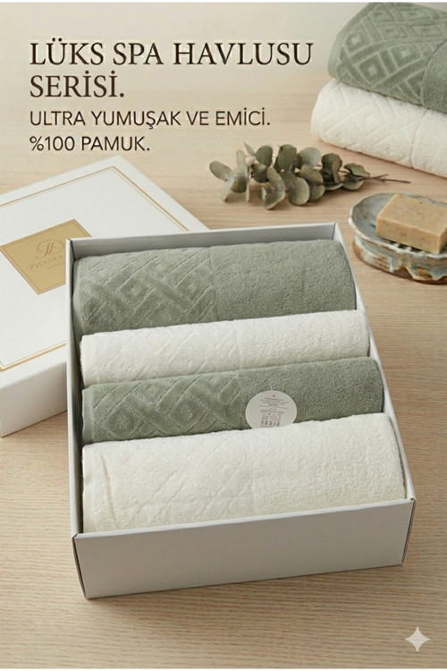 %100 Pamuk Lüks Spa Havlu Seti 4 Parça (2 Banyo + 2 Yüz) Ultra Yumuşak Emici