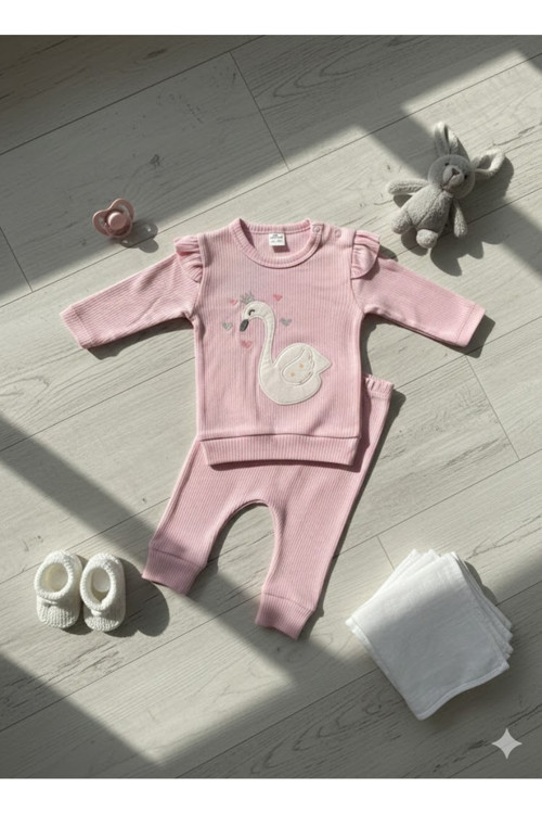 KIZ BEBEK KUĞU FİGÜRLÜ OMUZDAN ÇITÇITLI ALT ÜST TAKIM
