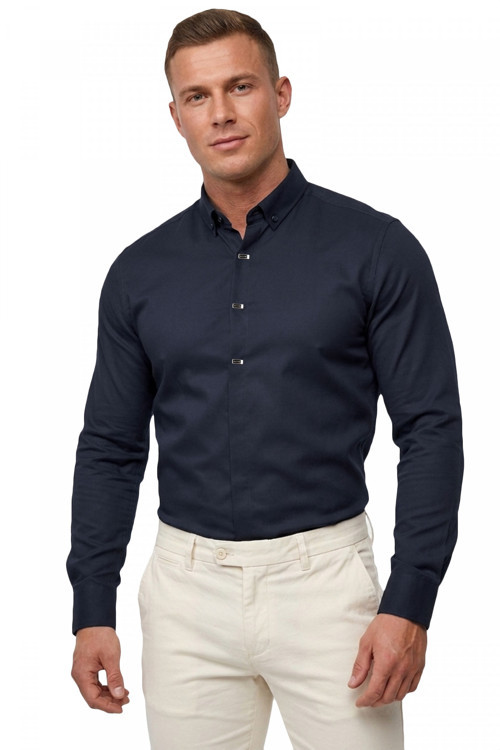 Lacivert Slim Fit Likralı Kolay Ütülenebilir Gizli Düğmeli Erkek Gömlek 2602614