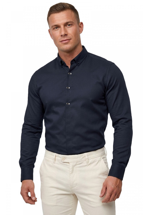 Lacivert Slim Fit Likralı Kolay Ütülenebilir Gizli Düğmeli Erkek Gömlek 2602614
