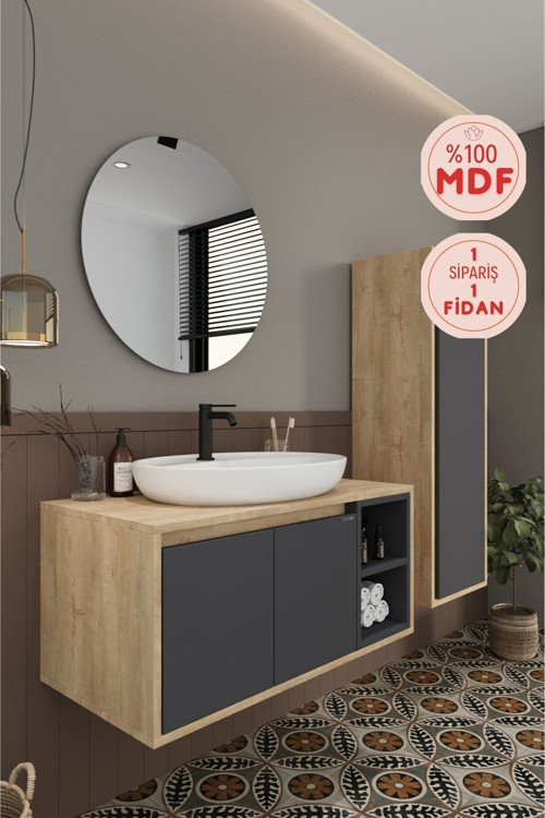 Gül 90 Cm %100 Mdf Lavabolu Banyo Dolabı Ayna Alt Dolap Lavabo Boy Dolabı