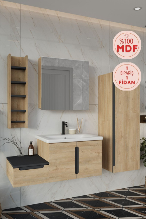 Zakkum 100 Cm %100 Mdf Lavabolu Banyo Dolabı Dolaplı Aynalı Üst Dolap Boy Dolabı Havluluk
