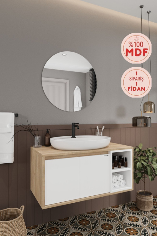 Gül Beyaz 100 Cm Banyo Dolabı Ayna Lavabo