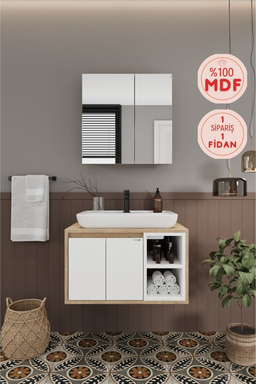 Lale Beyaz 70 Cm %100 Mdf Lavabolu Banyo Dolabı + Aynalı Dolap