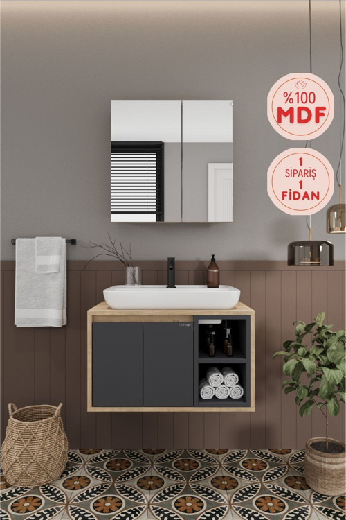Lale 70 Cm %100 Mdf Lavabolu Banyo Dolabı + Aynalı Dolap