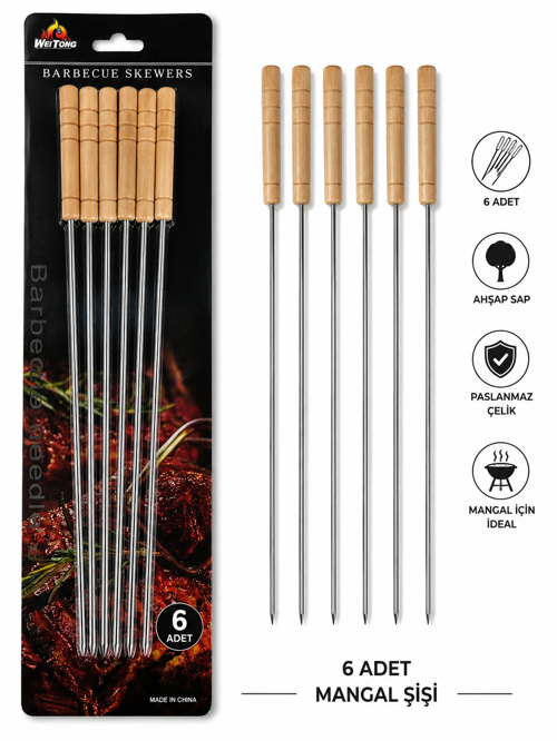 Ahşap Saplı Paslanmaz Mangal Şişi 6’lı Set 40 Cm Barbekü Kebap Şişi