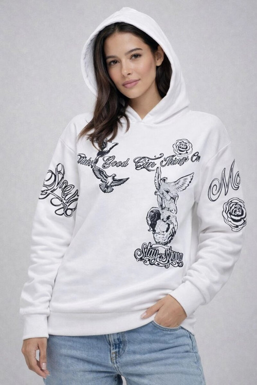 Wood Kadın 3 İplik Pamuklu Kapüşonlu Baskılı SweatShirt hoodie - Beyaz