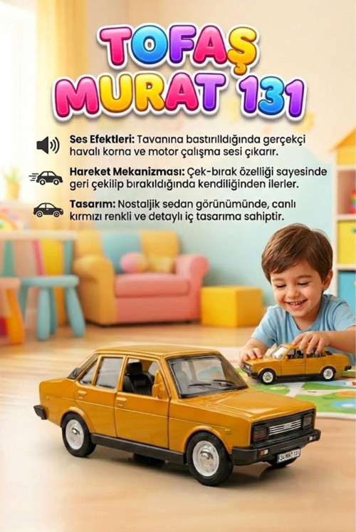 Nostaljik Tofaş Murat 131 Oyuncak Araba Işıklı, Çek-Bırak Mekanizmalı Oyuncak Araba SARI