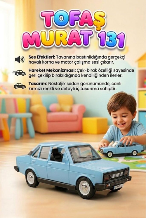 Nostaljik Tofaş Murat 131 Oyuncak Araba Işıklı, Çek-Bırak Mekanizmalı Oyuncak Araba TURKUAZ