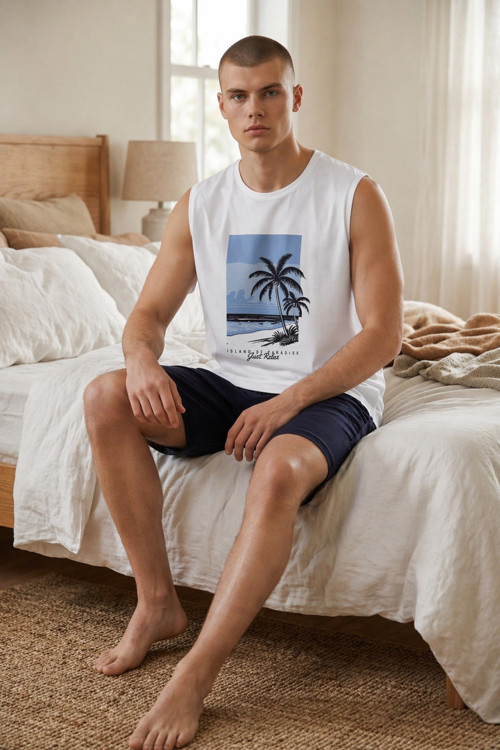 Erkek Pamuklu Sıfır Kollu Baskı Detaylı Şortlu Pijama Takımı