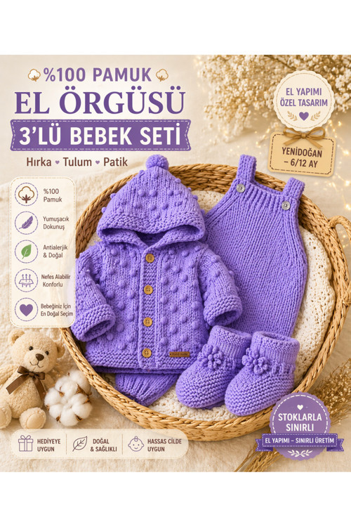 %100 Pamuk Bebek Takımı 3’Lü Set Kapüşonlu Hırka Tulum Patik Antialerjik 6-12 Ay Lila