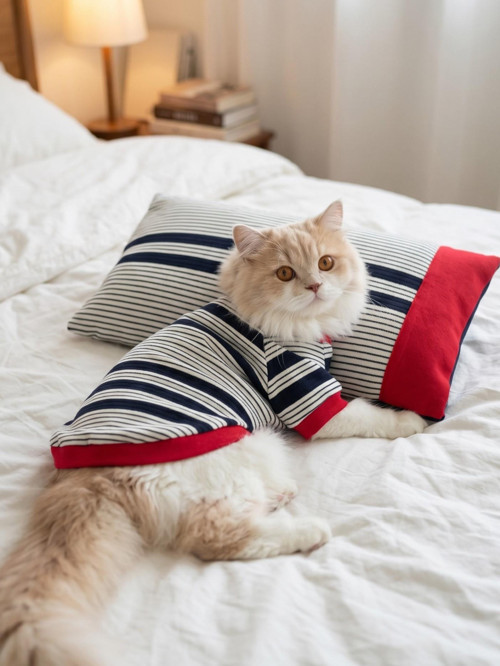 Yacht Club Marin Çizgili Kedi Uyku Takımı | Lacivert Kırmızı Pamuklu Kedi Tulumu ve Mini Yastık
