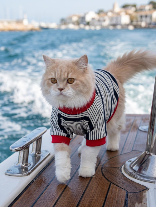 Yacht Club Marin Çizgili Kedi Tişörtü | Lacivert Kırmızı Yazlık Kedi Kıyafeti