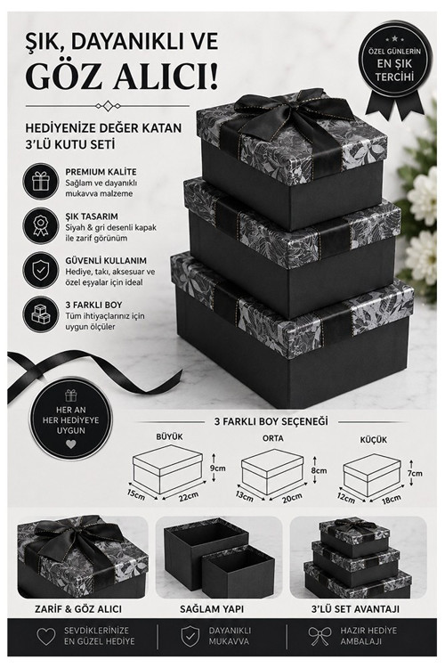 Siyah Gri Hediye Kutusu Dikdörtgen 3 lü 1 Paket K-0974 Boş Hediye Kutusu Sevgiliye Özel Kurdelalı Karton Hatıra Kutu