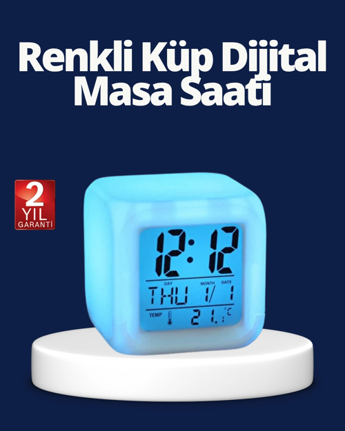 Renk Değiştiren Led Alarmlı Dijital Küp Masa Saati