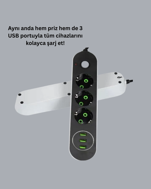 2 Metre Kablolu 3 Usb Portlu Anahtarlı Üçlü Priz