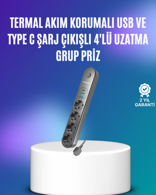 4’lü Çoklu Priz 2 Usb Type-c Girişli Akım Korumalı Siyah