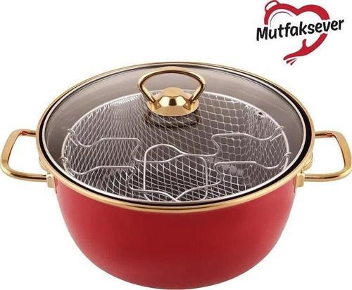 Mutfaksever Retro Emaye 22 cm Kızartma Tenceresi Kırmızı