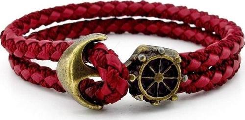 Bronz Çapa Dümen Denizci Bordo Örgü Deri Erkek Bileklik M036D