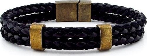 Bronz Klips İki Sıralı Siyah Örgü Deri Erkek Bileklik M038A