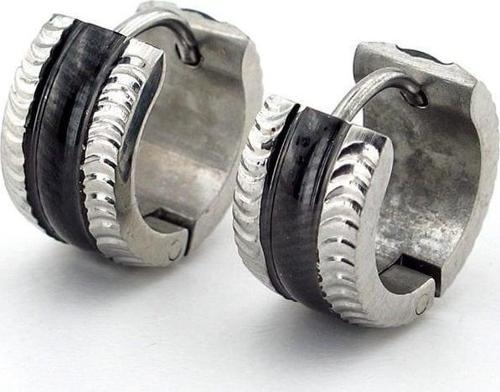 Siyah Gümüş Şeritli Renk Paslanmaz Çelik Kadın Erkek Halka Küpe ER055