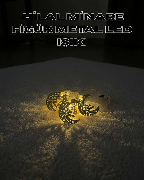 ASTRALTECH Gold Renk Metal Minareli Hilal LED Işık Pilli Ramazan Süsü