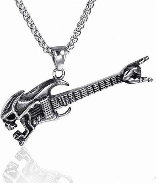 BASS GİTAR KURUKAFA ROCK N ROLL ÇELİK ERKEK KOLYE ZİNCİR Q0555